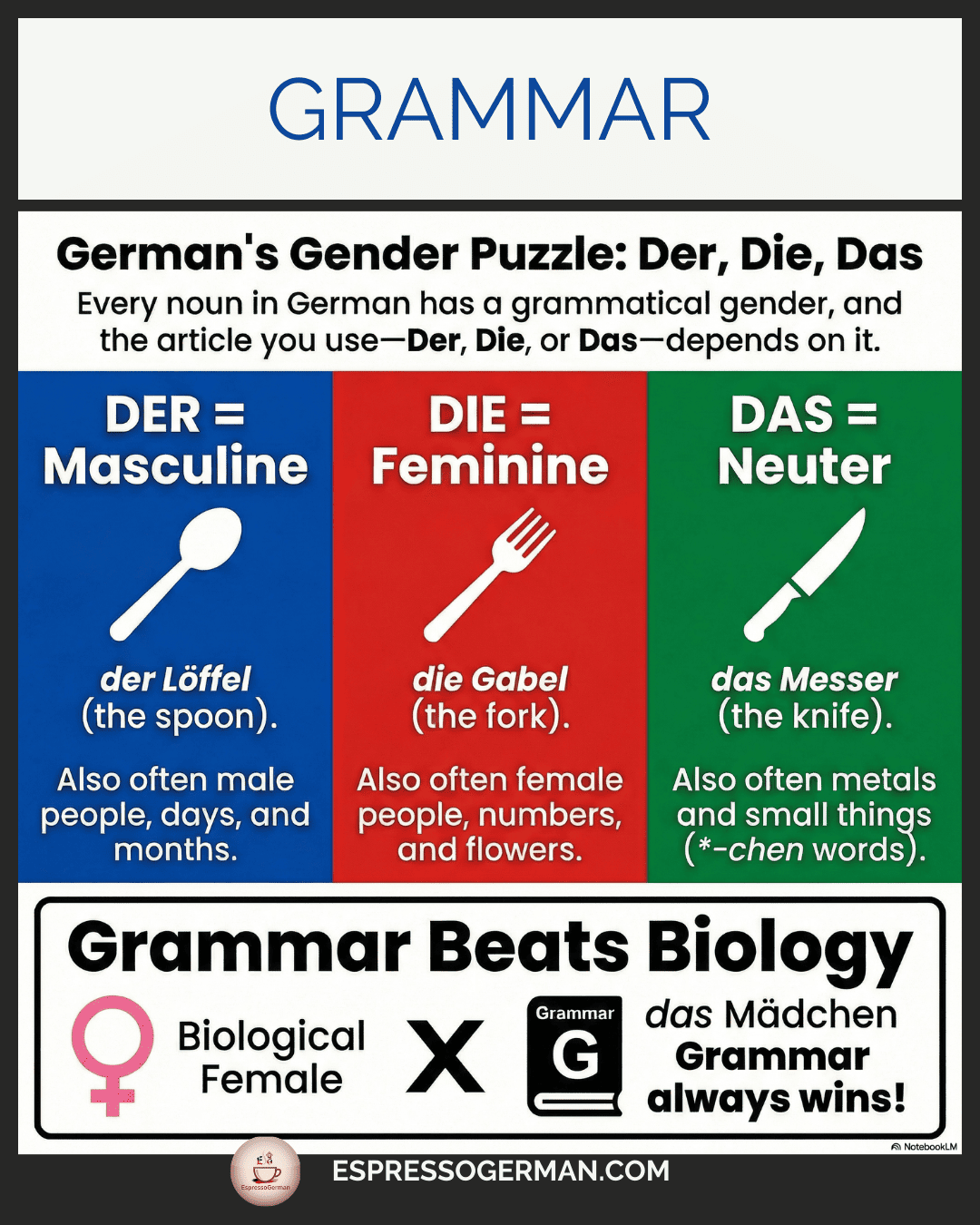 Infographic introducing the three German genders (Der, Die, Das) and their basic concepts.